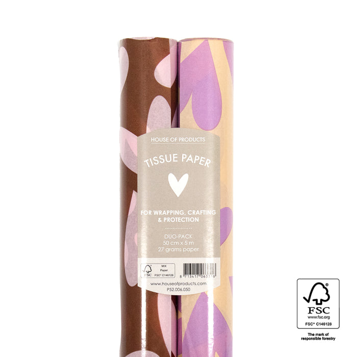 Duo Pack Vloeipapier op rol - Big Hearts Pink/Brown