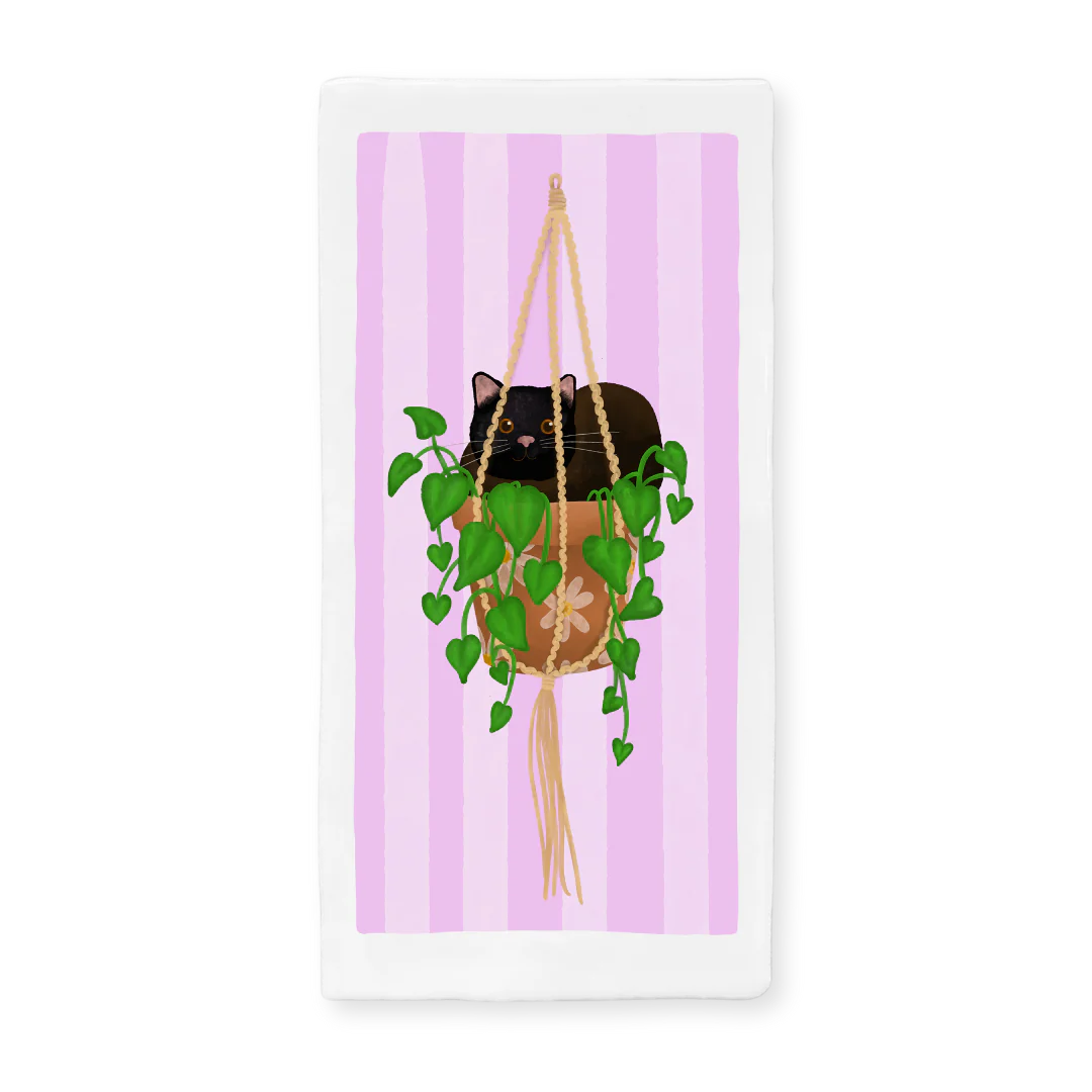 Tegeltje 7.5x15 cm - Zwarte kat in hangplant