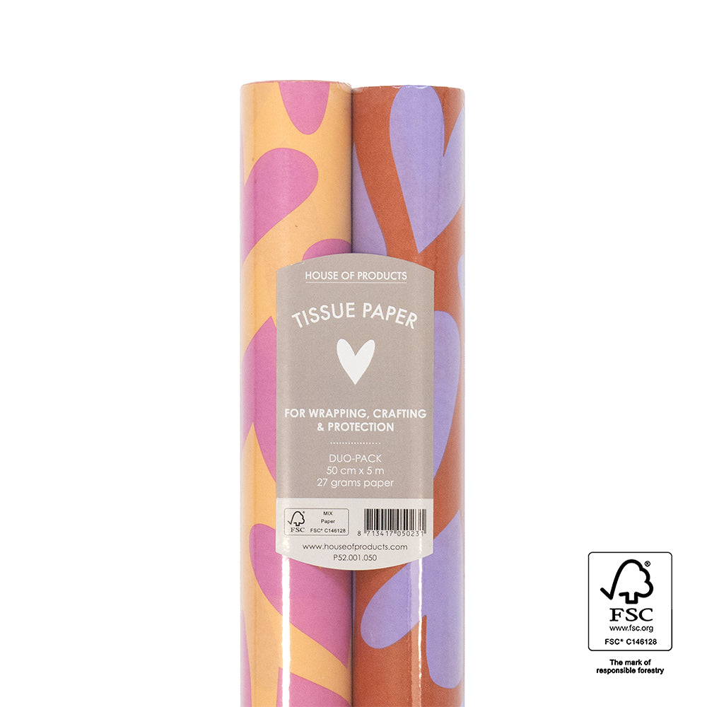 Duo Pack Vloeipapier op rol - Big Hearts Pink/Lilac